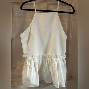 NWT English Factory Gathered Sleeveless Peplum Top in White. Women’s Large